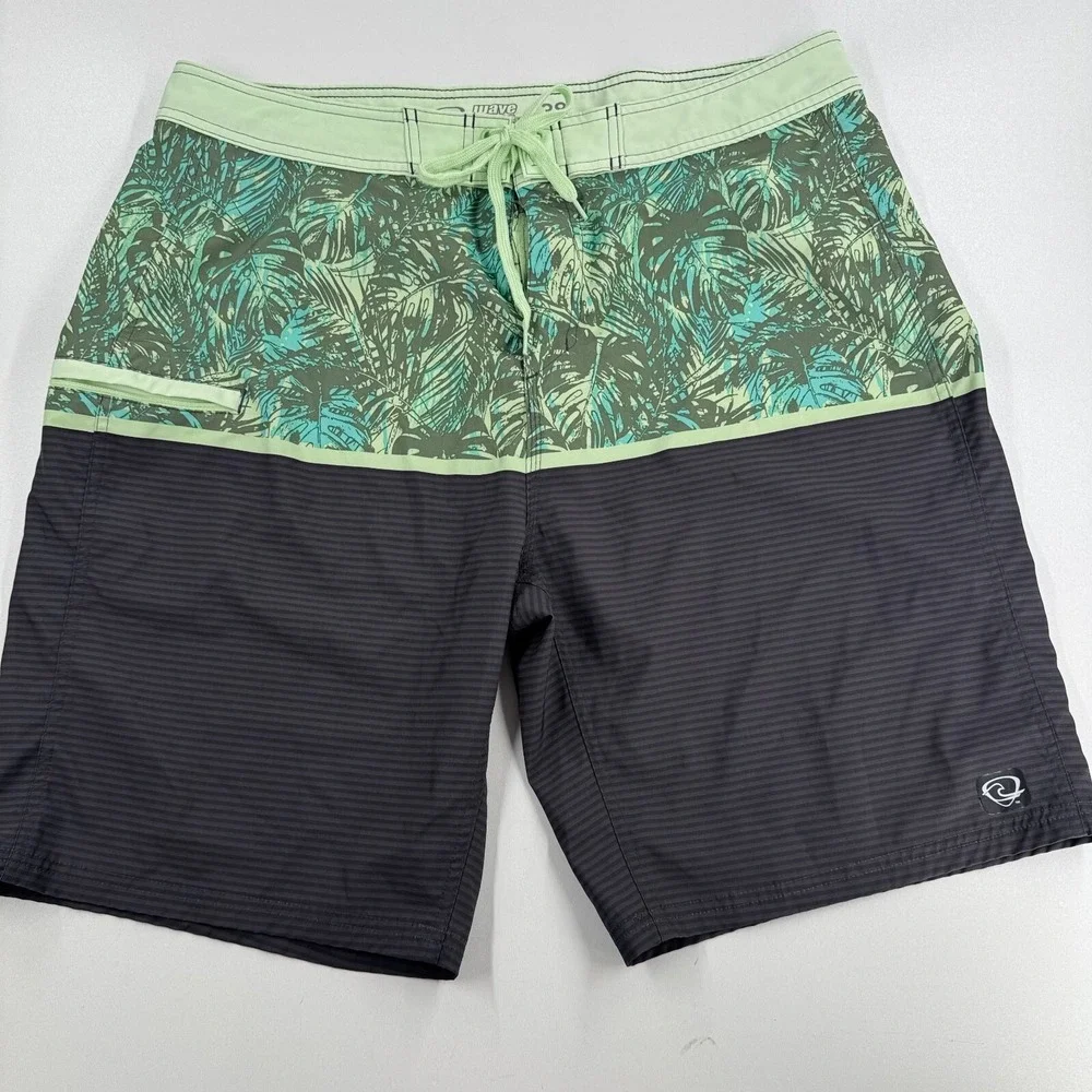 Wave Zone Swim Trunks Board Shorts MENS Gray Green Palm Leaves SIZE 38